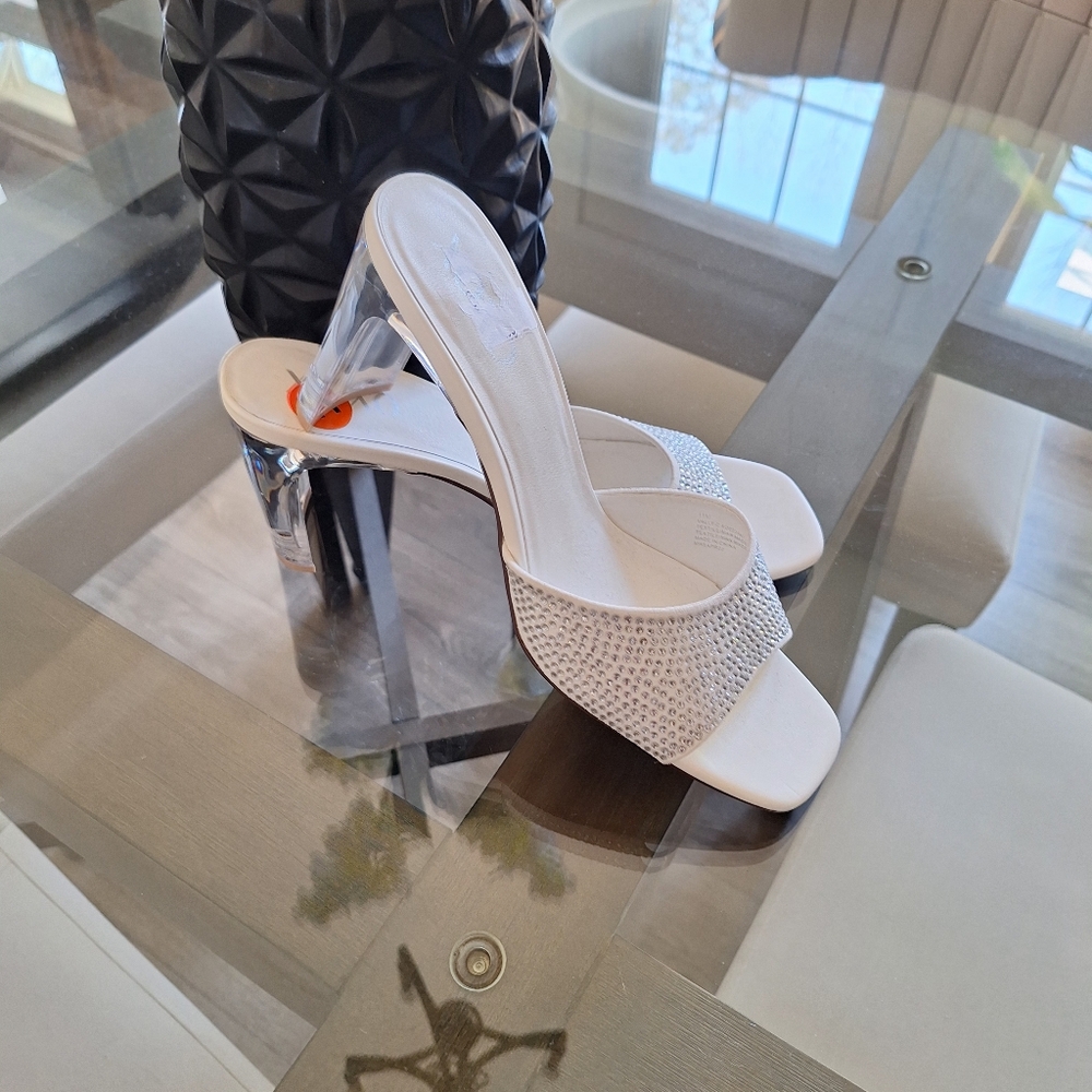 White Bedazzeled Mule Sandals With Clear Heel*- New..